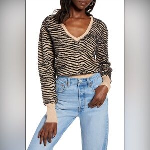 ASTR the Label Tiger Stripe V Neck Sweater in Tan and Black. Size M